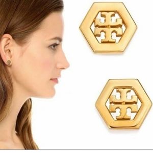 Tory burch hexagon logo stud earrings gold